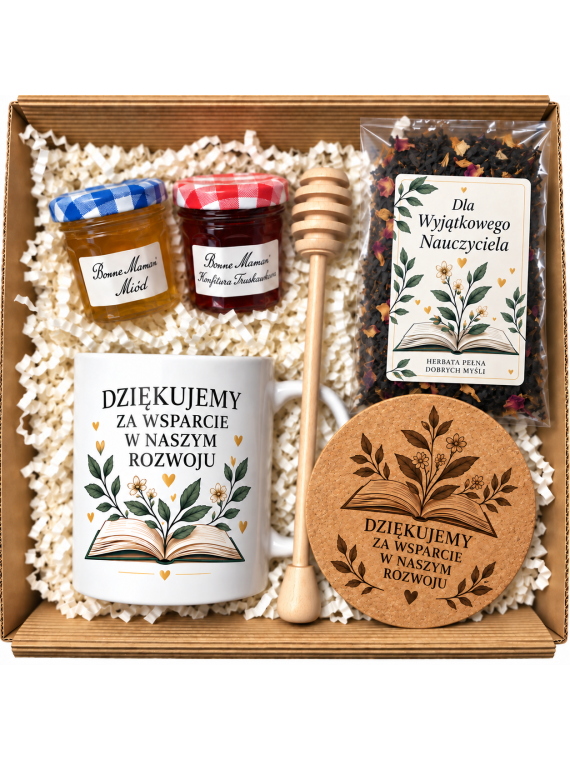 Otwarty kartonowy zestaw z kubkiem, herbatą, słoiczkami miodu i konfitury, drewnianą pałeczką oraz korkową podkładką.
