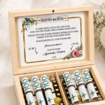 Drewniane pudełko na pieniądze na ślub otwarte, ukazujące w środku rolki z banknotami zabezpieczone drewnianymi obrączkami oraz personalizowaną tabliczkę z napisem 'Rozgrywki Małżeńskie' i życzeniami dla pary młodej.