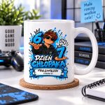 Biały ceramiczny kubek z kolorowym nadrukiem przedstawiającym postać chłopaka w okularach i bluździe trzymającego liczby 6 i 7, z napisem Dzień Chłopaka oraz miejscem na personalizację imienia i klasy