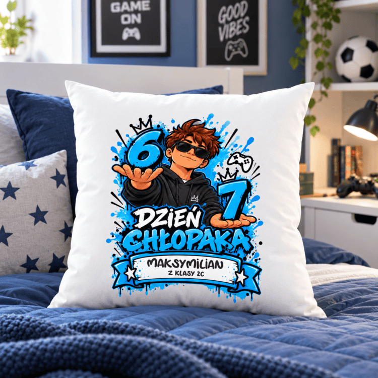 Biała poduszka na granatowym łóżku z ilustracją chłopaka w okularach, niebieskimi cyframi 6 i 7 oraz napisem „Dzień Chłopaka”.